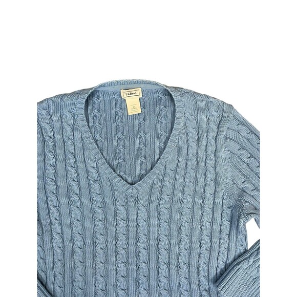 LL Bean Sweater Women Medium M Blue Cable Knit V Neck Cotton Long Sleeve - Picture 3 of 10